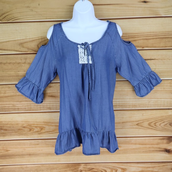 Absolutely Famous Blouse Womens Size S Blue Cold Shoulder Half‎ Sleeves Ruffles - Picture 1 of 8
